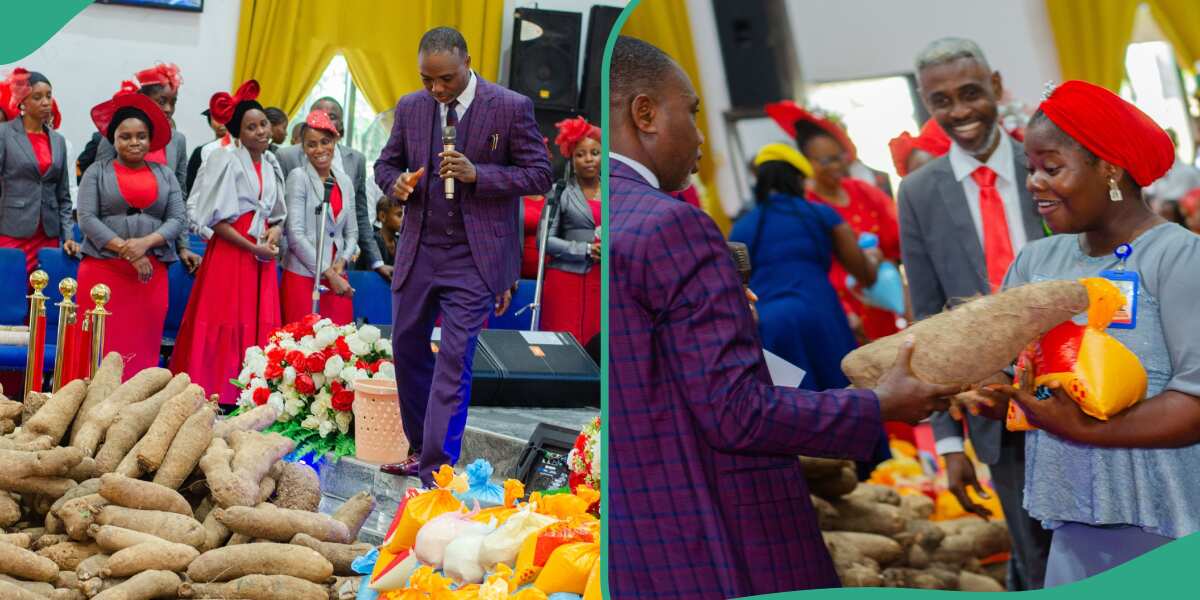 Photos Emerge as Uyo Pastor Distributes Bags of Rice and Yams to Members after Church Service [Video]