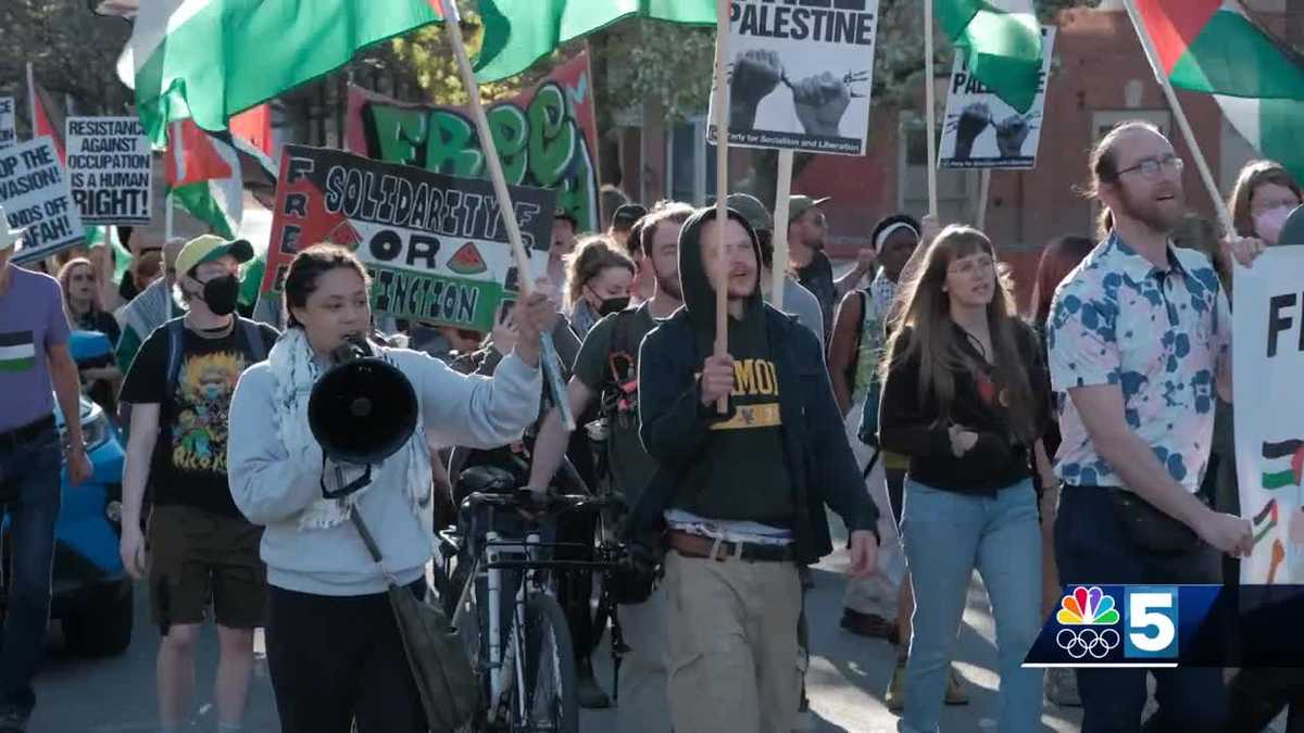 Pro-Palestinian protestors march from Burlington City Hall to UVM