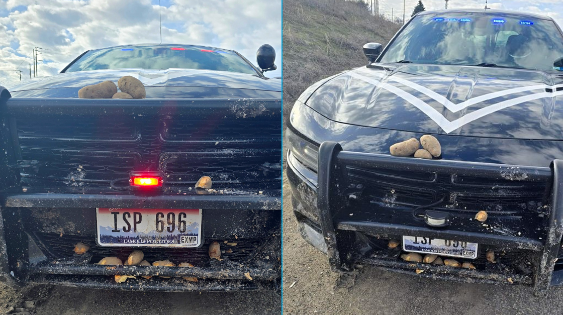 Idaho State Police cruiser has run-in with potatoes [Video]